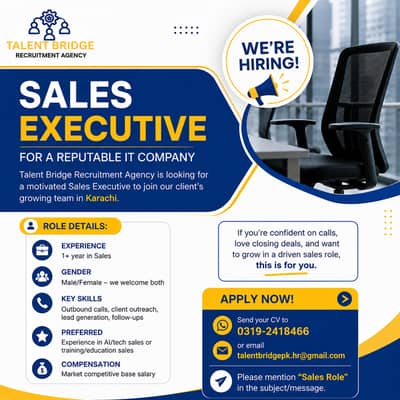 Hiring male female sales Eceutive for reputable IT Company