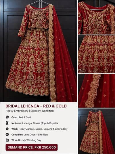 Bridal Lehenga Red & Gold – Heavy Zardozi Work – Excellent Condition