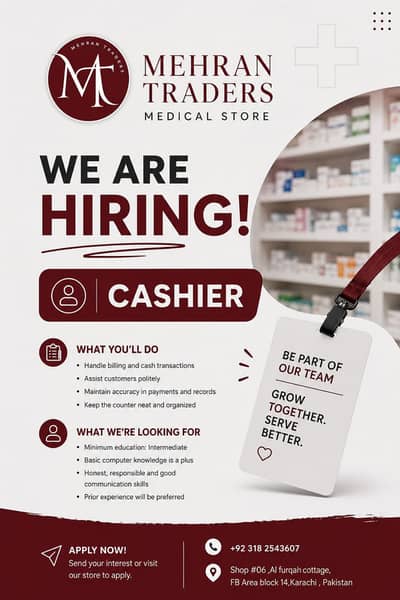 Mehran Traders is Hiring a Cashier!