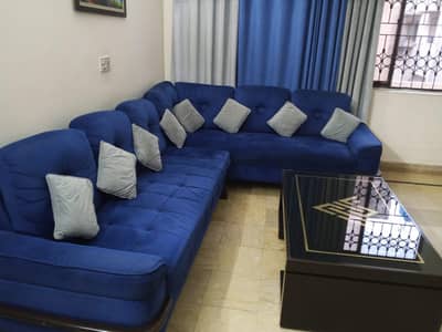 royal blue velvet L shaped sofa
