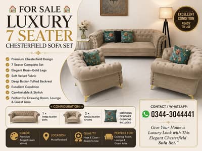 Luxury 7 Seater Chesterfield Sofa Set – Velvet Fabric – Excellent Cond