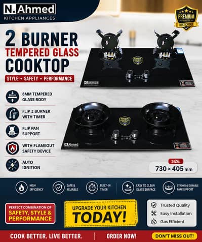 2 Burner Tempered Glass Gas Hob | Auto Ignition | Kitchen hob