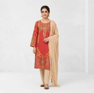 Red Arabic lawn 3 Pcs block printed suit with chiffon dupatta