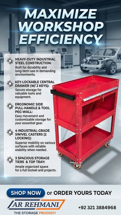 Heavy Duty Tool Cart | 3 Shelf + Central Drawer | Swivel Wheels