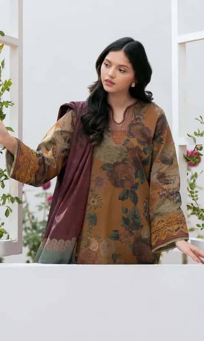 Brown Swiss lawn 3 Pcs printed suit for Women