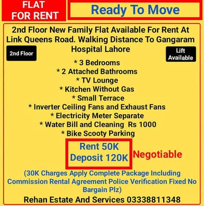 2nd Floor Family Apartment For Rent Near Gangaram Hospital Lahore