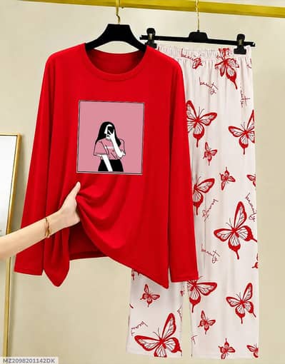 Red Printed Night Suit for Women with Butterfly Pattern(with delivery)