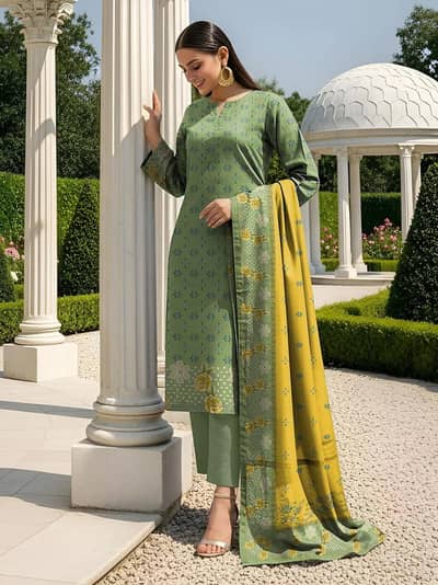 Green Printed 3-Piece Dobby Lawn Suit for Women