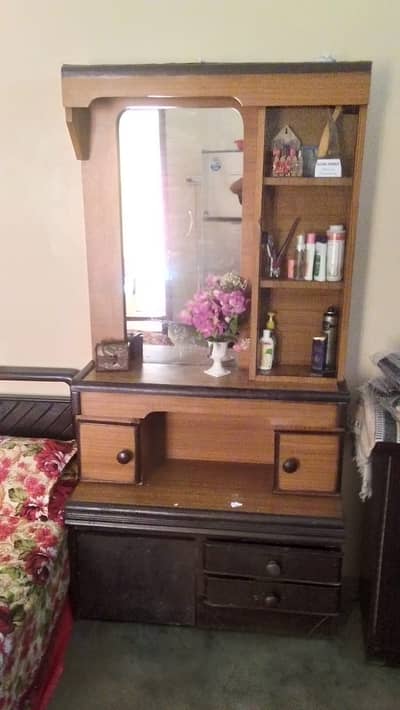 Wooden Dressing Table with Mirror and Storage Shelves