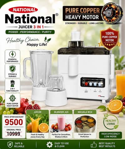 National 3-in-1 Juicer Blender & Grinder – Pure Copper Heavy Motor