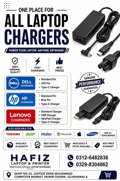 All Laptop Chargers Available - Dell | Hp| Lenovo| Type C