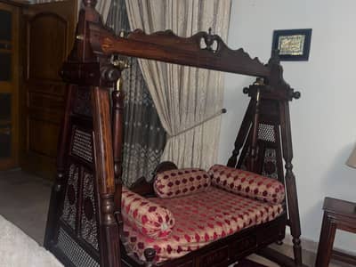 Antique Hand-Carved Wooden Jhoola / Indoor Swing with Cushions