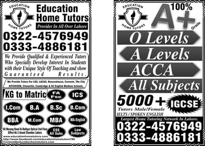 Home tutors/Tuition for Matric O/A Level FA Fsc I Com ICS BA all LHR