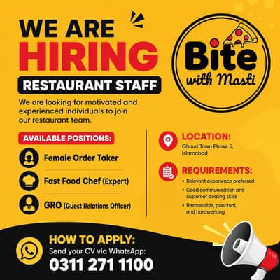 Female Order Taker / Fast Food Expert / GRO / Delivery Boy
