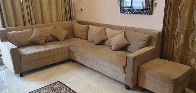 L shaped sofa set with sette' and cushions ( used )