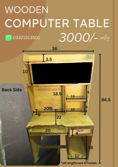 wooden computer table with drawer and shelves