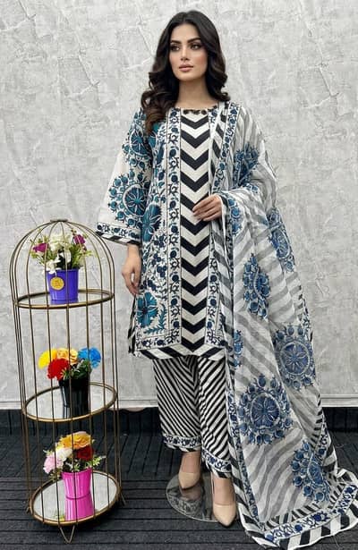 3PC Lawn Stitched Large Size Ladies Dress Suit White Blue Black