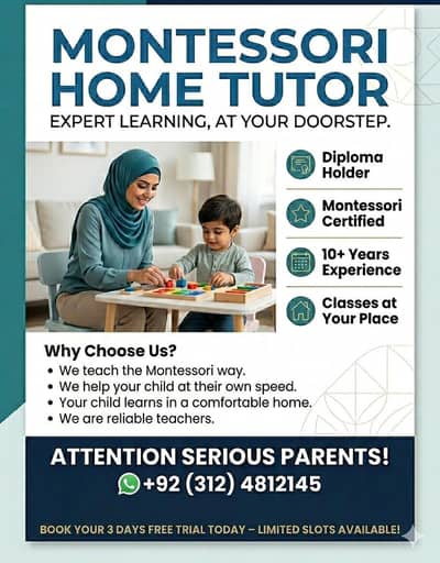 Experienced Montessori Home Tutor - 10 Years Exp - 3 Days Free Trial