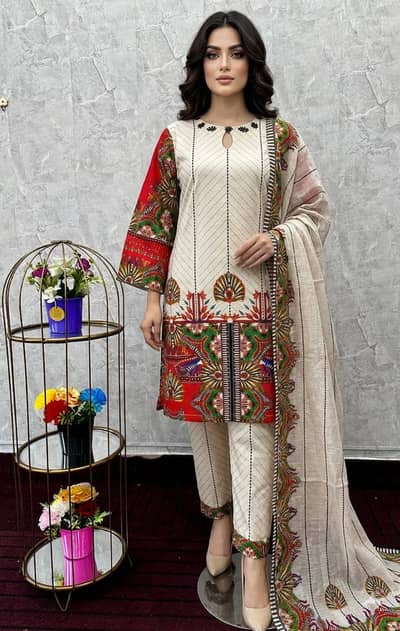 3PC Lawn Stitched Suit Large Size Ready to Wear