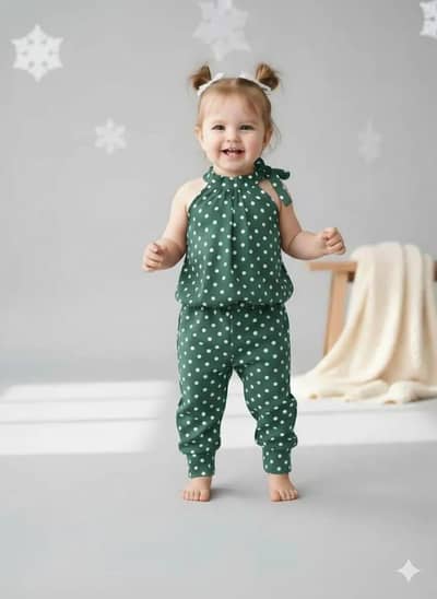 Green polka dot cotton pajamas set for girls 1-10 years