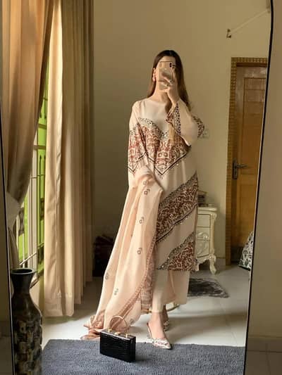 Elegant Cream Brown Embroidered Lawn 3-Pc - 3600 COD - Party Wear