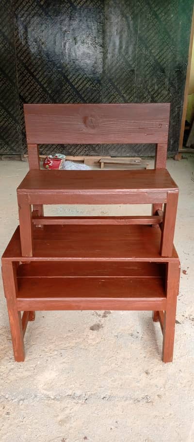 Wooden desk and benches