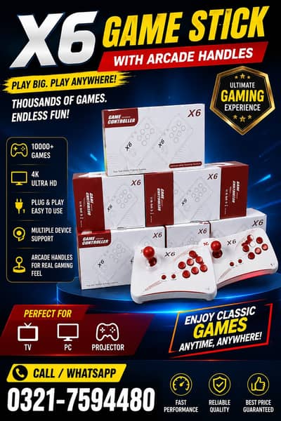 X6 Game Stick with Arcade Handle 10,000+ Games 4K Gaming Console