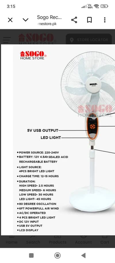 sogo rechargeable fan with light mobile charging options