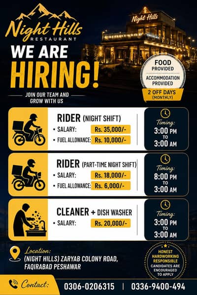 Riders/Cleaner/Dish Washer Required | Jobs | Peshawar