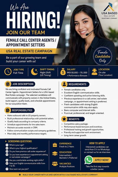 Female Call Center Agents/ Appointment Setter(USA Real Estate Campaign