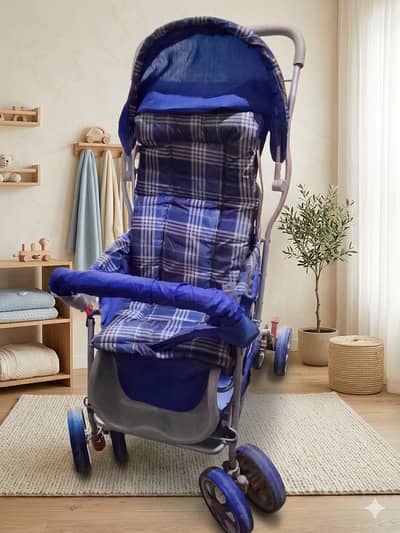 Comfortable Blue Plaid Baby Stroller with Canopy – Excellent Condition