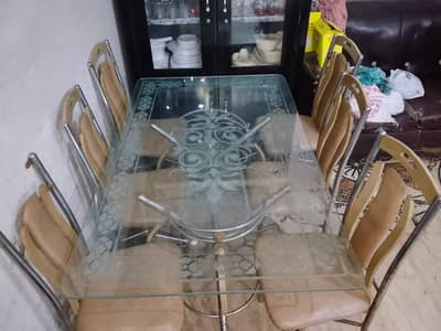 IRON ROD DINNING TABLE WITH SIX CHAIRS, DOUBLE MIRROR