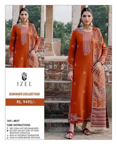 Unstitched 3-Piece Orange Lawn Suit With Embroidery & Dupatta