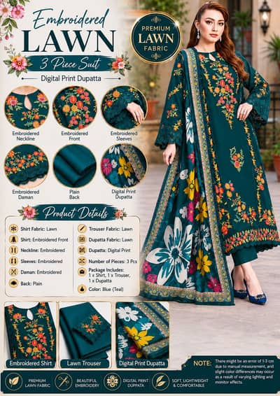 Women’s Embroidered Lawn 3Pcs Green Floral Suit