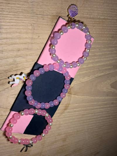 3 Handmade Bracelets Pack – Unicorn + Shell + Bow – 8mm Beads