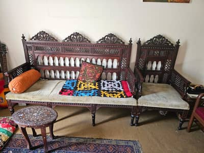 Kashmiri style hand carved wood sofa set