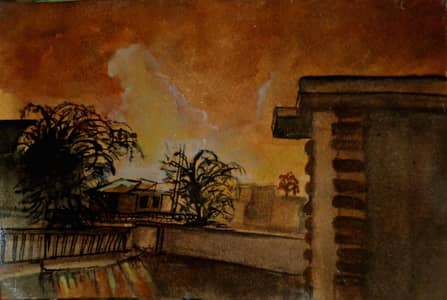 golden hour watercolour landscape painting