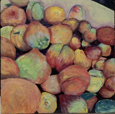 still life painting of peaches  on canvas