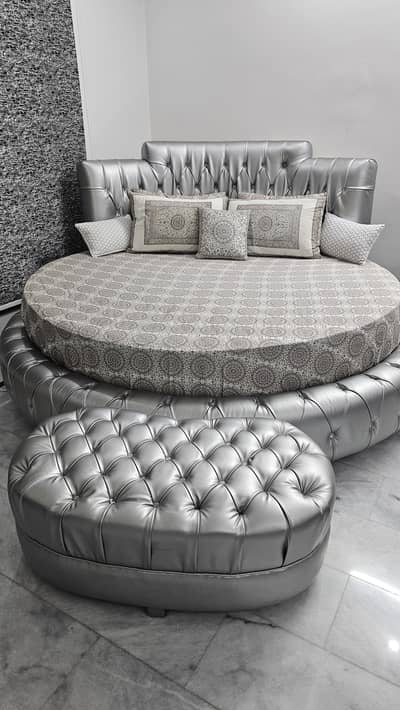 Silver Round Bed with Cushioned Headboard & Matching Stool & Mattress