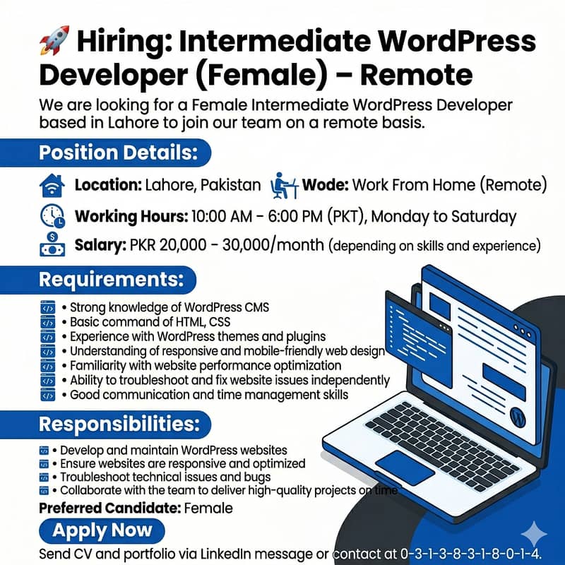 Hiring: Intermediate WordPress Developer (Female) – Remote 0