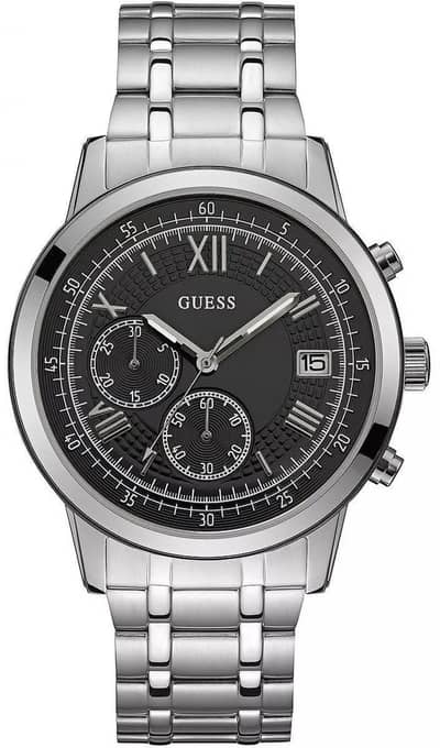 GUESS Men's Chronograph Luxury Watch - Black Dial & Silver Steel Chain
