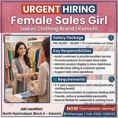 Female Sales Girl Requried __ Ladies Clothing Brand