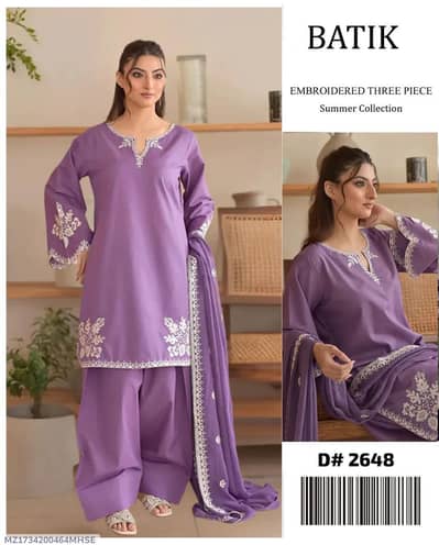 Beautiful Purple Embroidered Lawn 3-Piece Unstitched Suit For Women