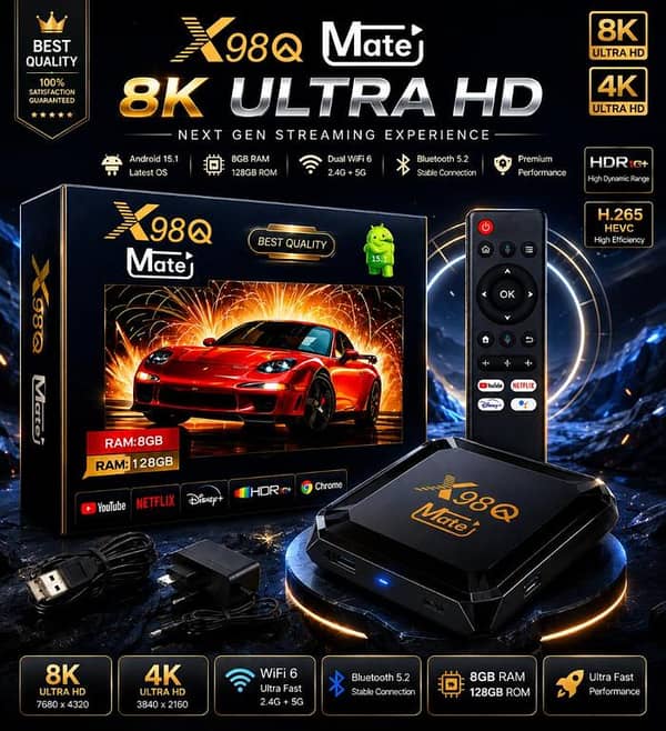 X98Q Mate Android TV Box 8GB RAM 128GB ROM | 8K Ultra HD | Android 15.1 | Dual WiFi 2.4G+5G | Smart TV Box | Netflix YouTube Disney+ Support | HDR | High Speed Streaming Device