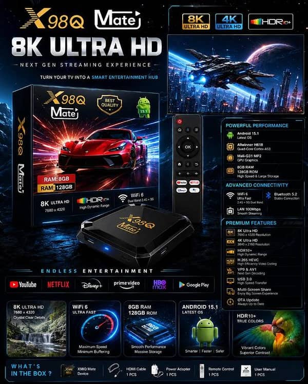 X98Q Mate Android TV Box 8GB RAM 128GB ROM | 8K Ultra HD | Android 15.1 | Dual WiFi 2.4G+5G | Smart TV Box | Netflix YouTube Disney+ Support | HDR | High Speed Streaming Device