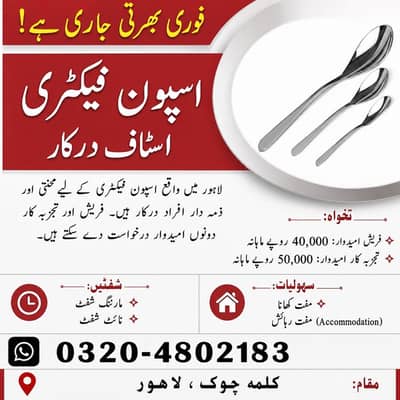 Spoon factory urgent hiring male female staff required