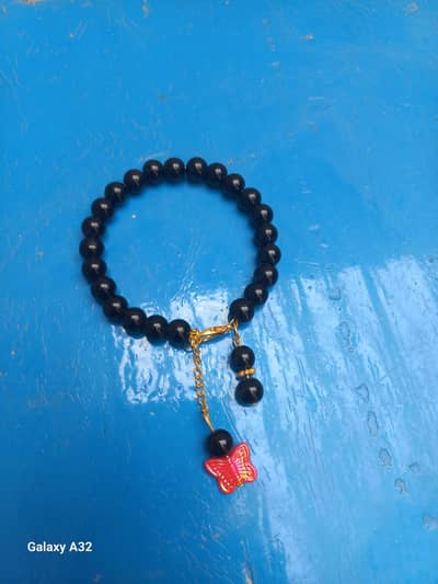 Black Beaded Bracelet with Red Butterfly Charm - New