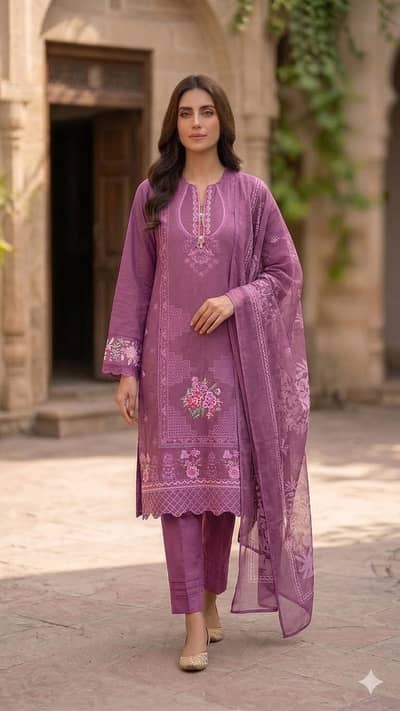 3PC Lawn Stitched Large Size Ladies Dress Suit White Blue Black