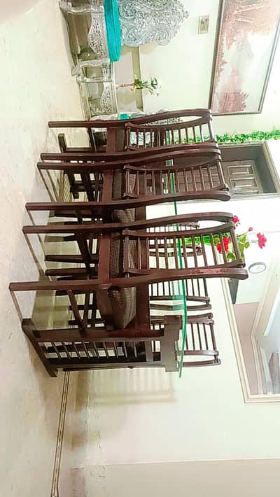 Premium 8 Seater Dining Table Set – Glass Top | Solid Wooden Chairs