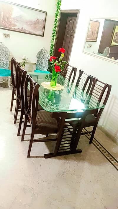 Premium 8 Seater Dining Table Set – Glass Top | Solid Wooden Chairs
